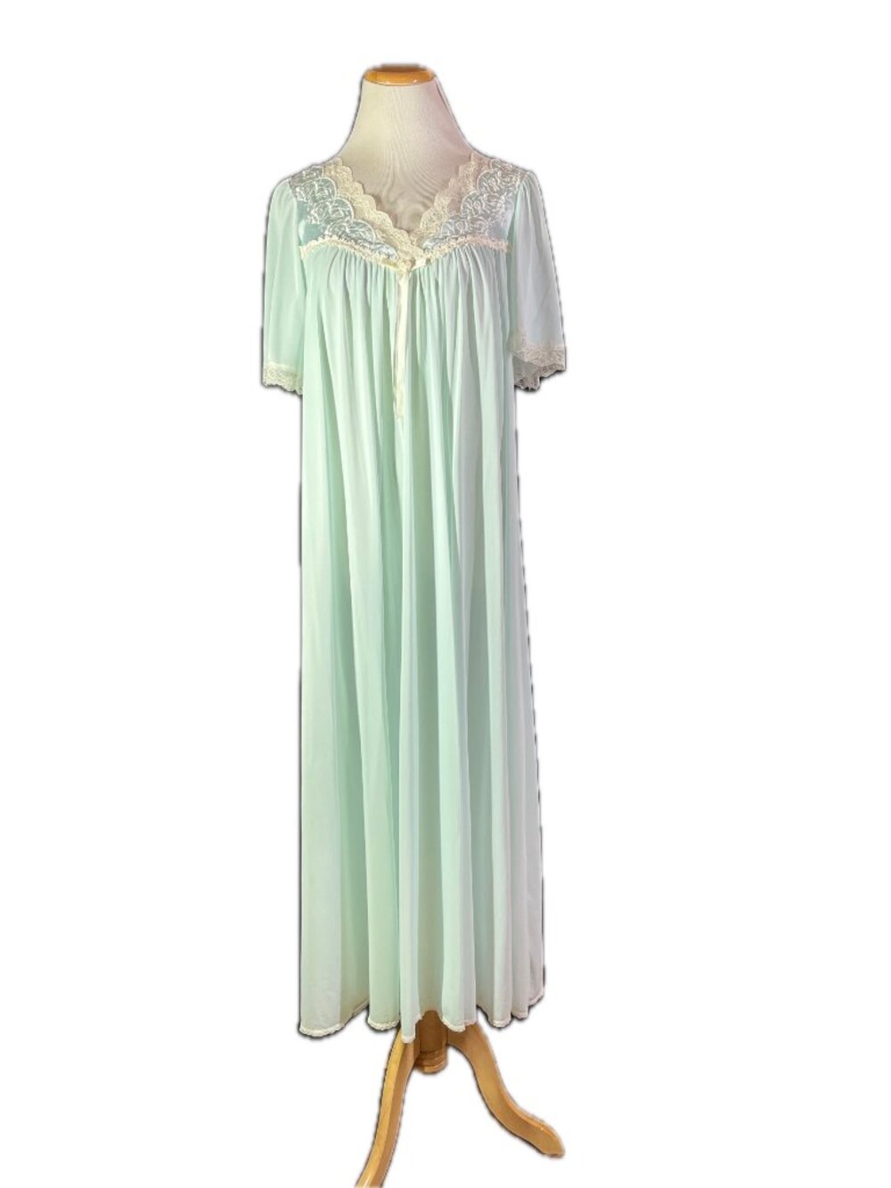 Vintage Miss Elaine Size M? Short Sleeve Nightgown Lace Blue-Green